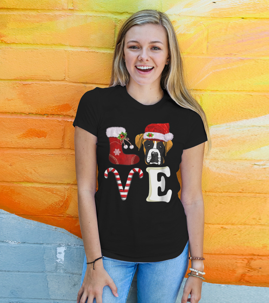Boxer Dog Love Christmas Light With Santa Hat And Candy Cane T-Shirt
