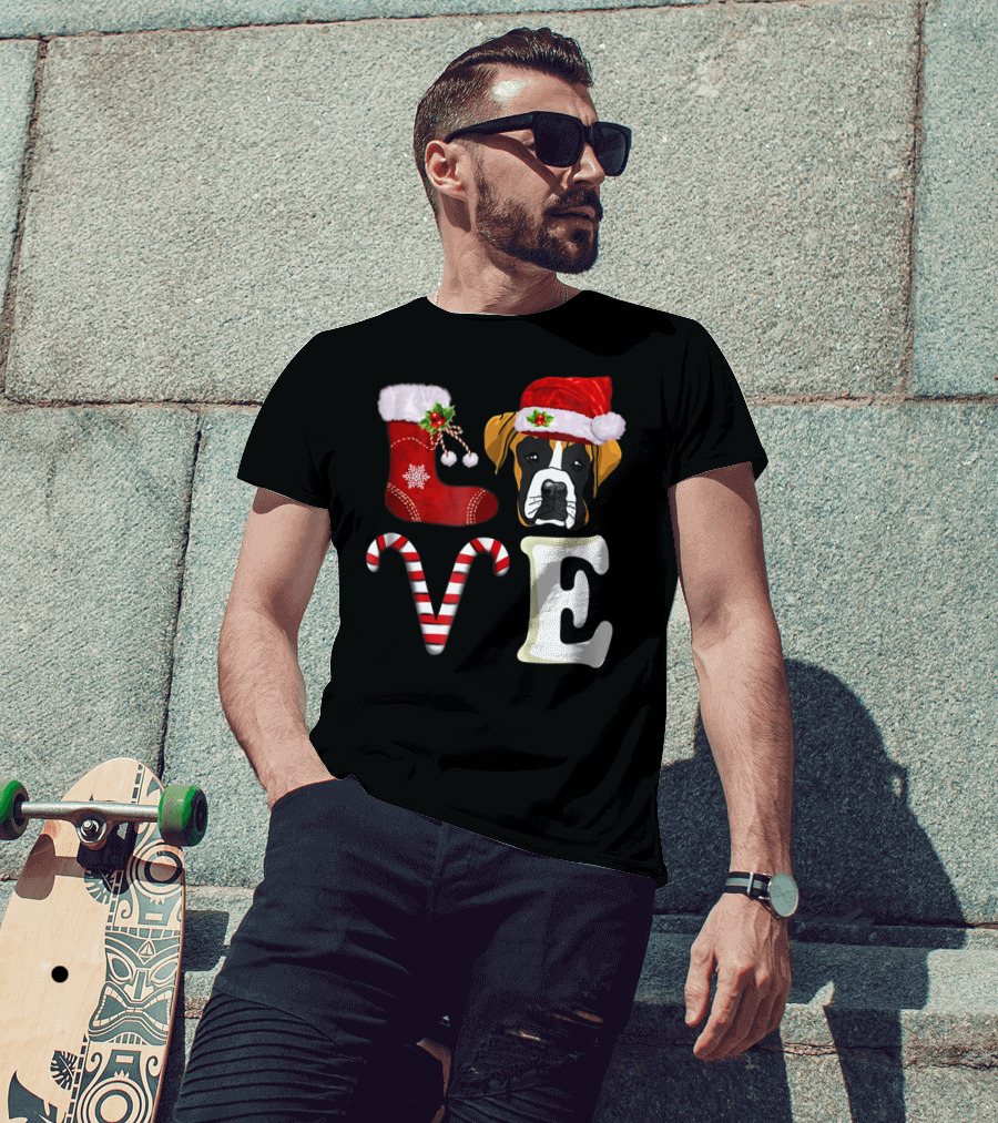 Boxer Dog Love Christmas Light With Santa Hat And Candy Cane T-Shirt