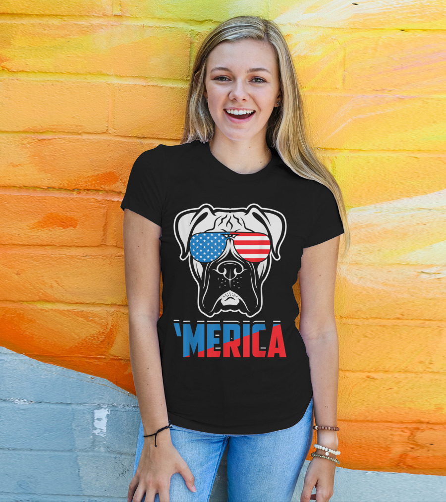 Boxer Dog In American Flag Sunglasses 'Merica Patriot T-Shirt