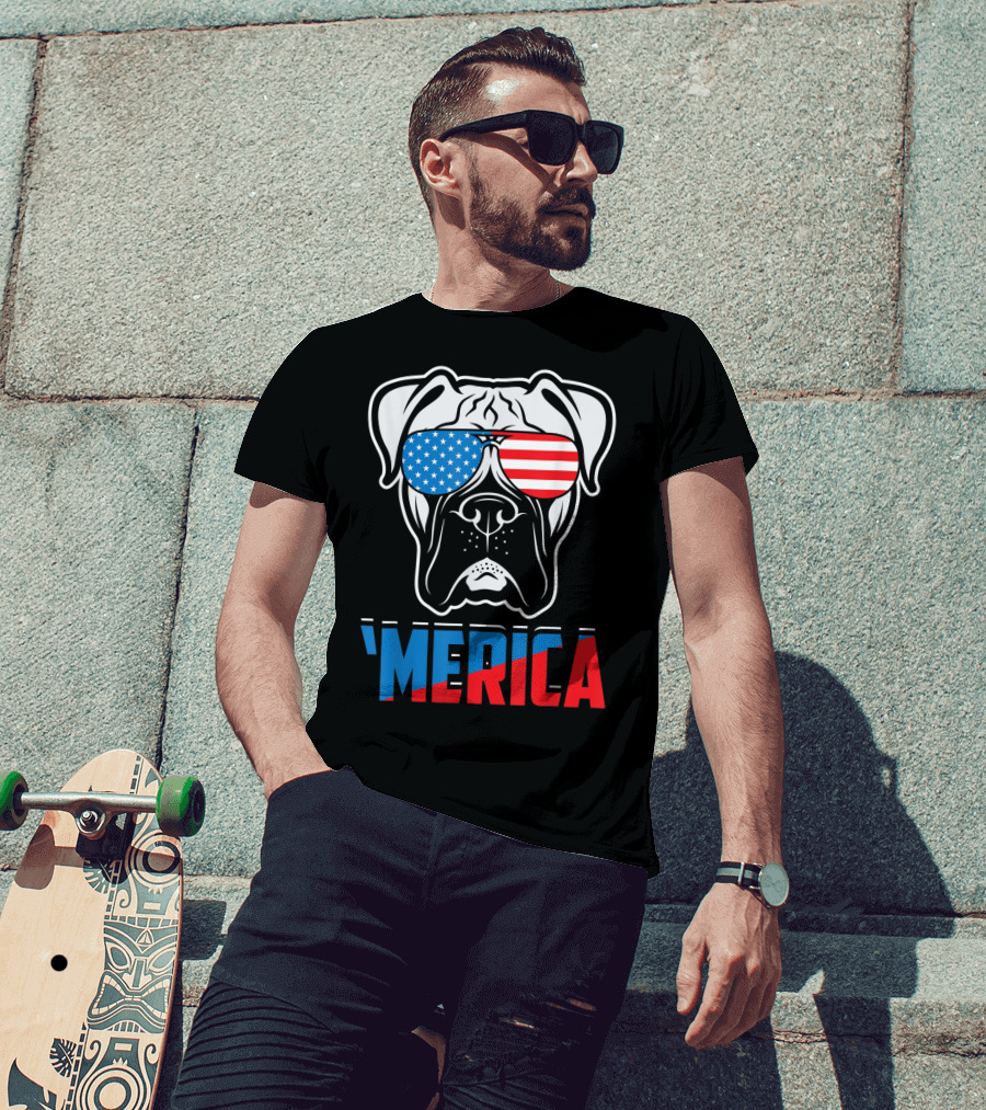 Boxer Dog In American Flag Sunglasses 'Merica Patriot T-Shirt