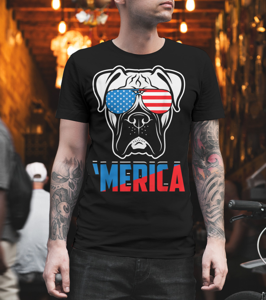 Boxer Dog in American Flag Sunglasses 'Merica Patriot T-Shirt
