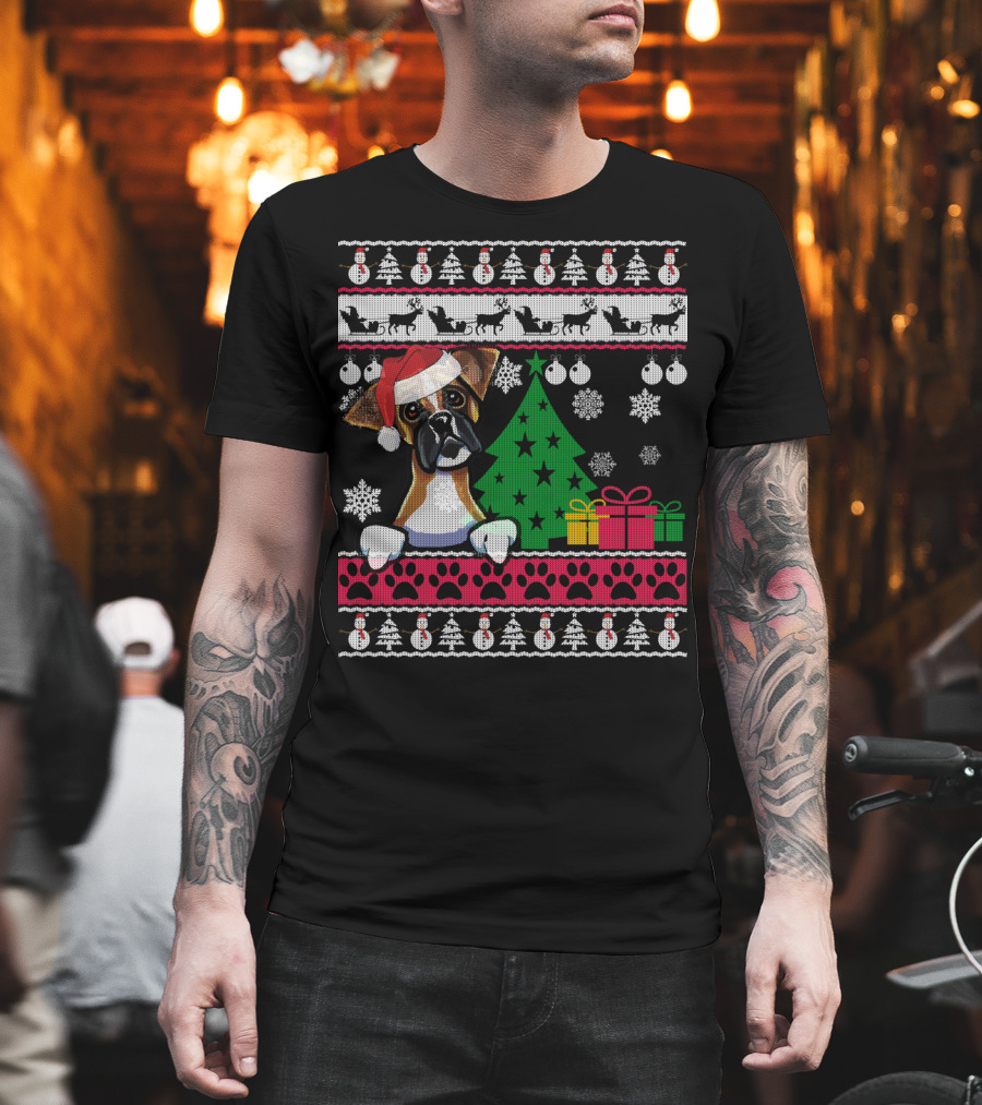 Boxer Dog Santa Hat Ugly Christmas Holiday Tree Gifts Snowflakes Festive T-Shirt