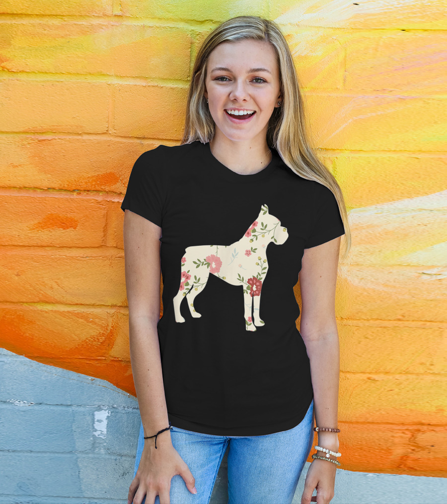 Cute Boxer Vintage Floral Dog Flower T-Shirt