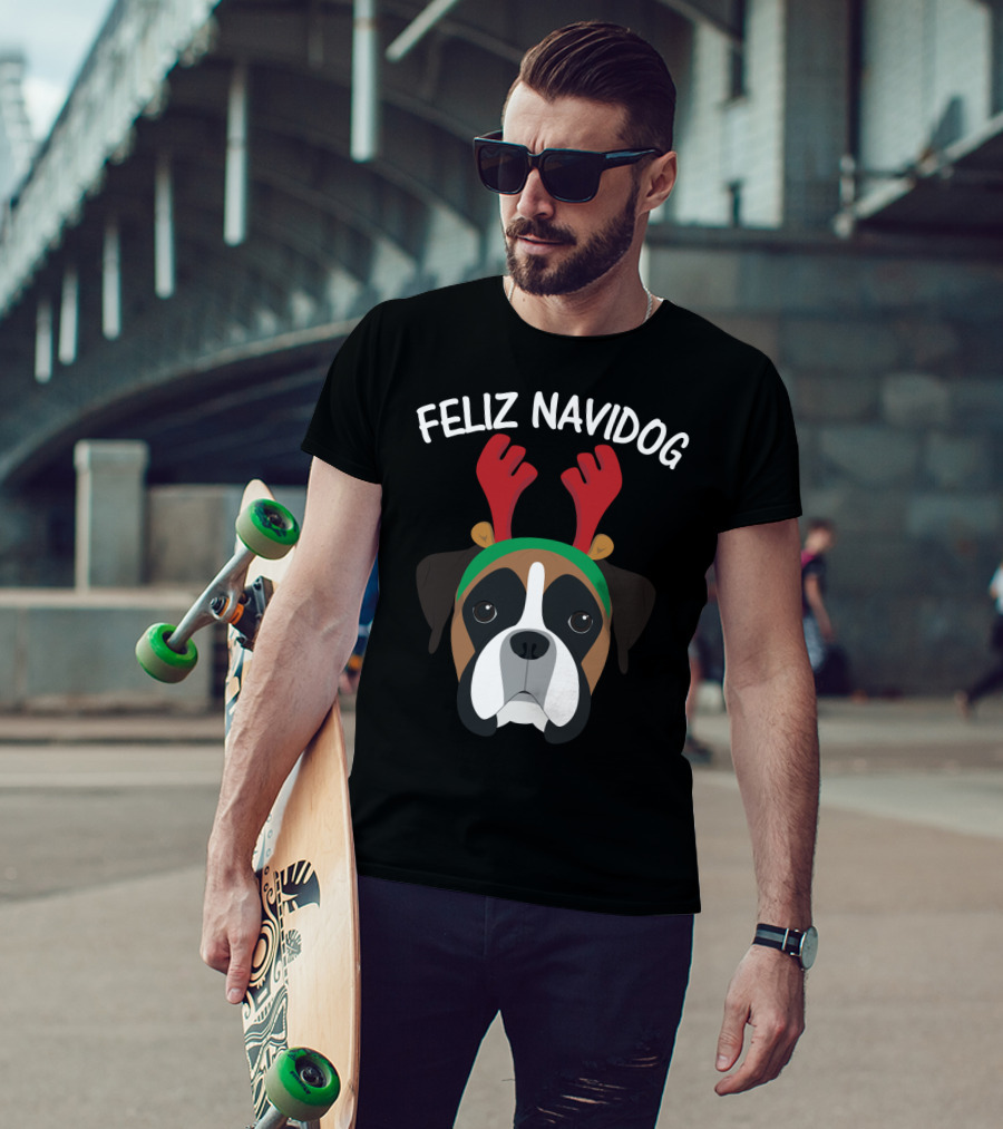 Feliz Navidog Navidad Boxer Dog Reindeer Antlers T-Shirt