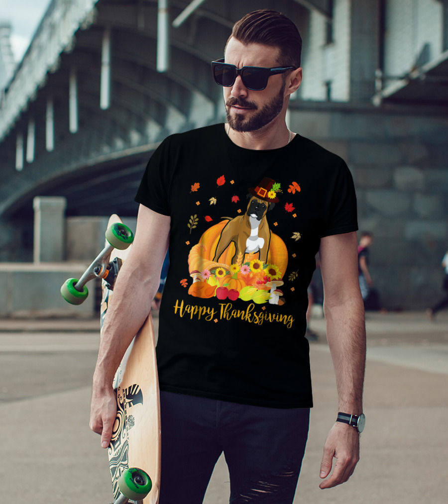 Thanksgiving Boxer Dog With Pilgrim Hat And Harvest Feast T-Shirt