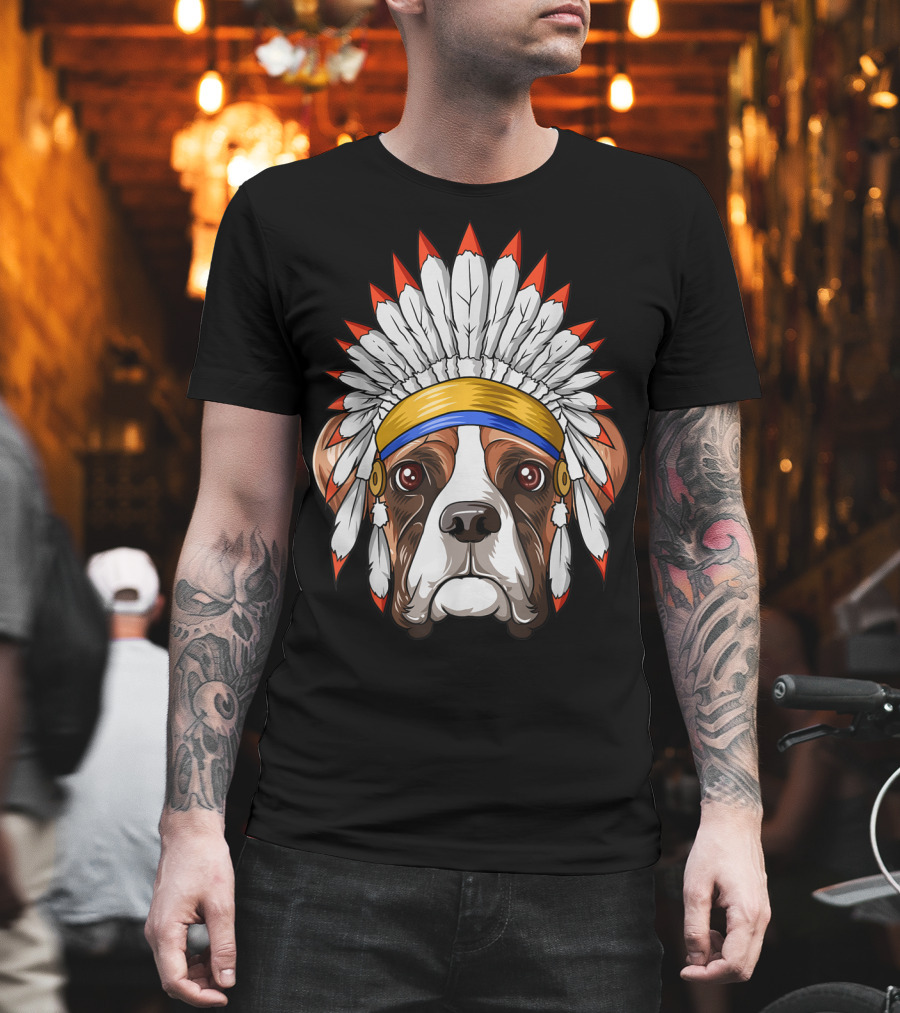 Native Indian American Boxer Feather Headdress Boxer Dog T-Shirt