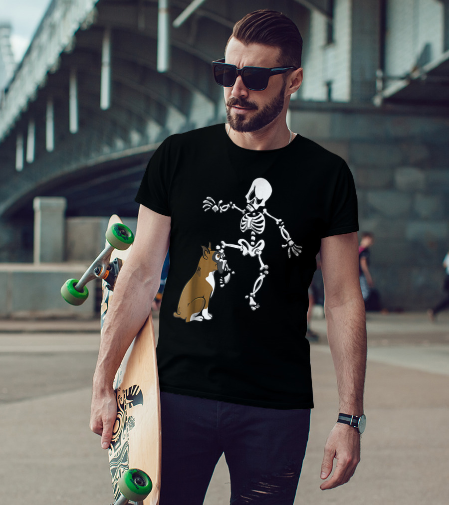 Boxer Dog Biting Skeleton Leg Halloween Dog Skeleton T-Shirt