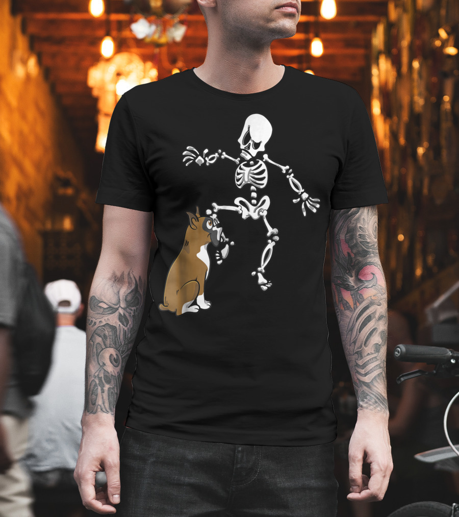 Boxer Dog Biting Skeleton Leg Halloween Dog Skeleton T-Shirt
