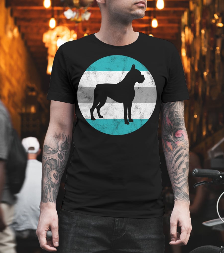 Boxer Dog Silhouette on Retro Striped Circle for Teens T-Shirt
