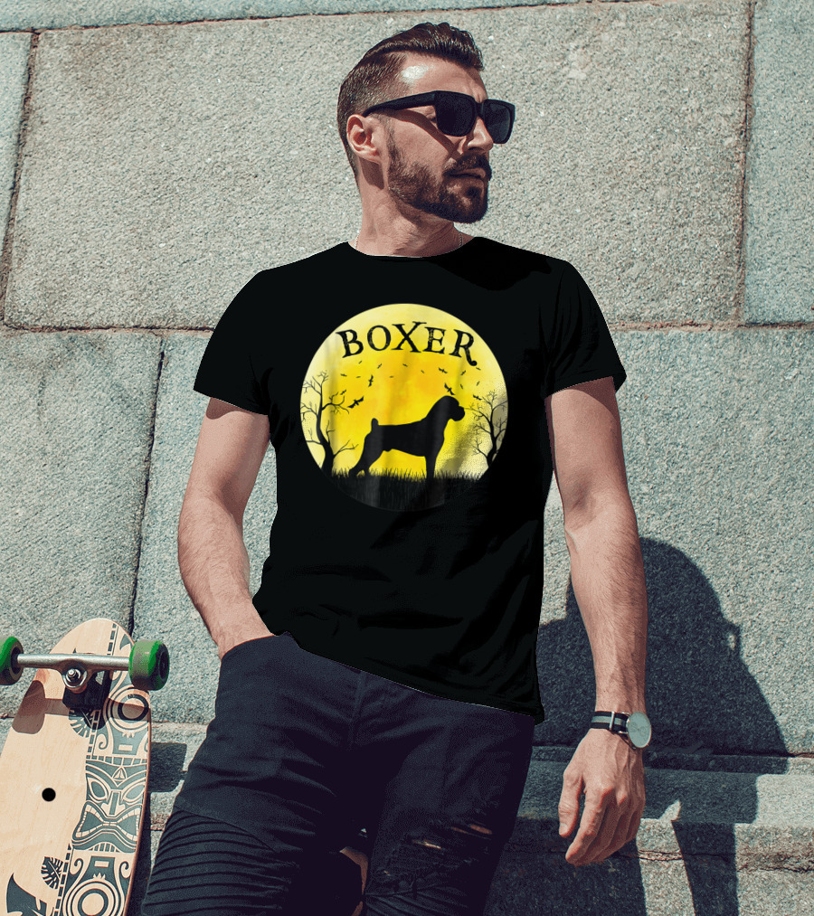 Boxer Dog Full Moon Halloween Bats Trees Vintage T-Shirt