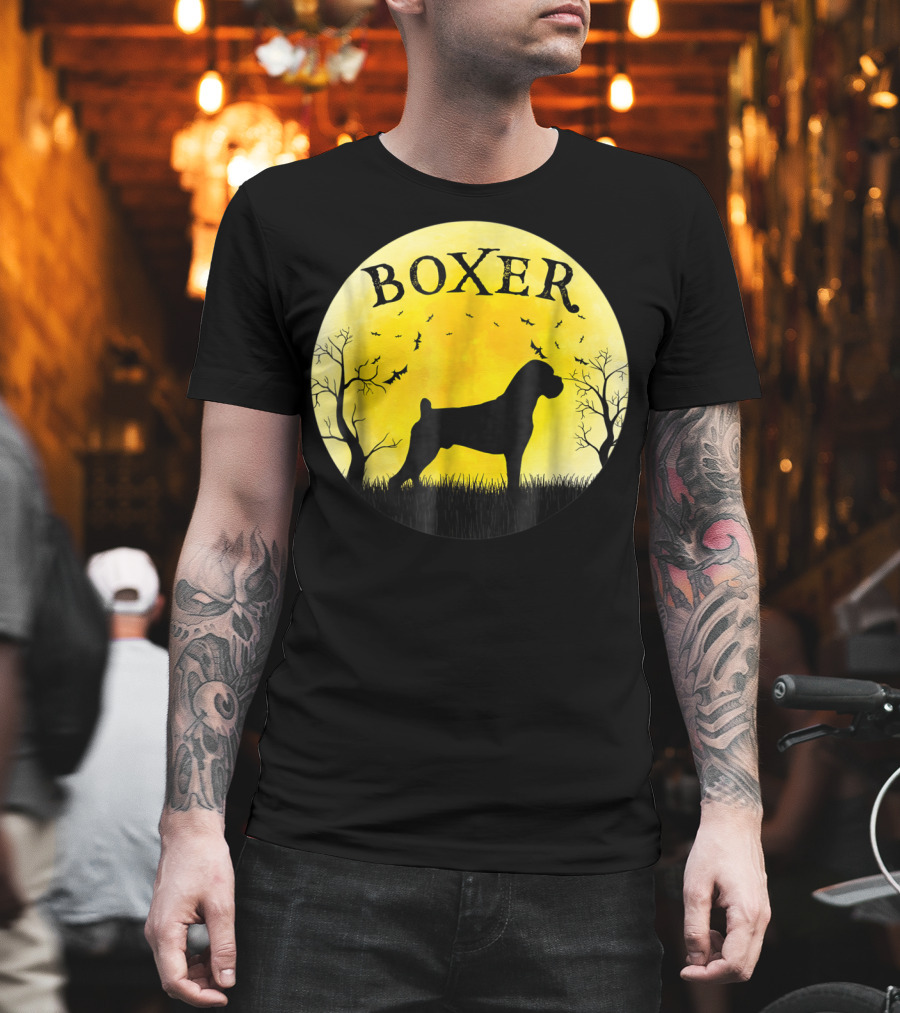 Boxer Dog Full Moon Halloween Bats Trees Vintage T-Shirt