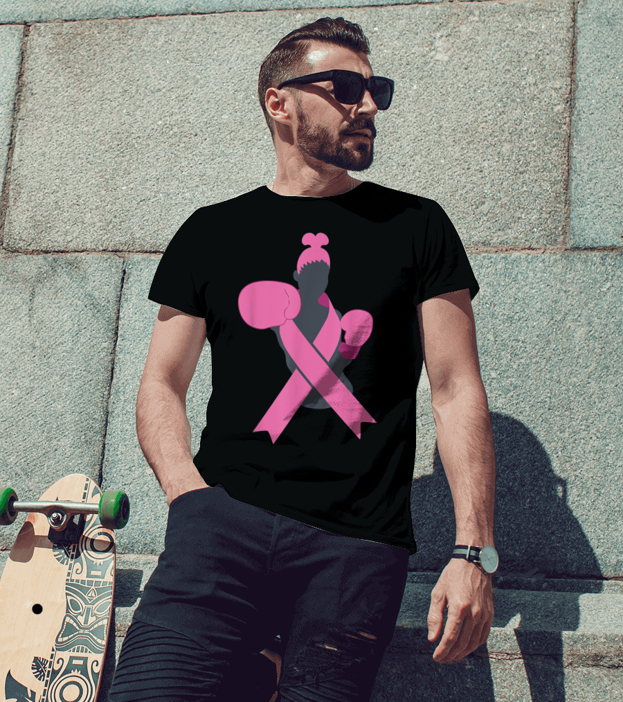 Boxer Supporting Breast Cancer Awareness With Pink Ribbon Boxing Gloves T-Shirt
