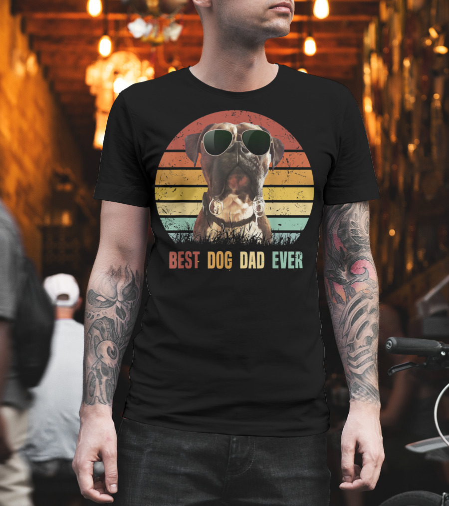 Mens Vintage Best Dog Dad Ever Boxer Dog Sunglasses Retro Sunburst T-Shirt