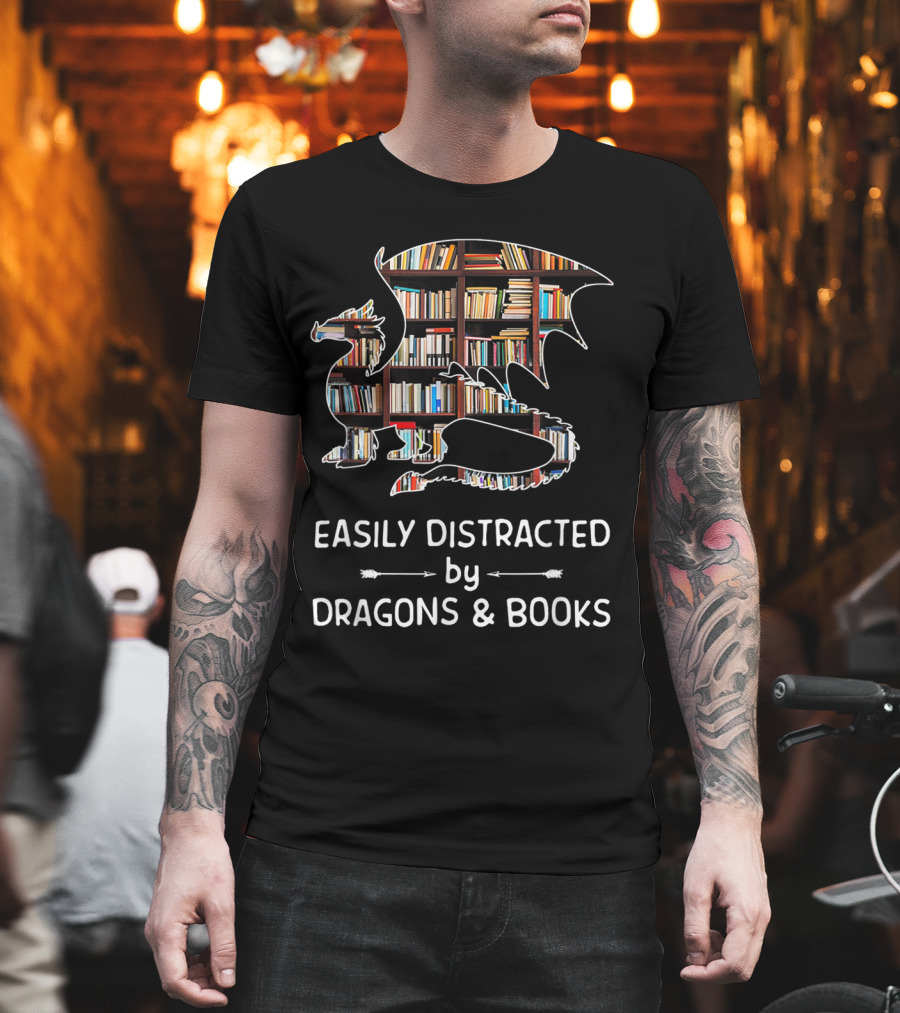 Easily Distracted By Dragons And Books With Library T-Shirt