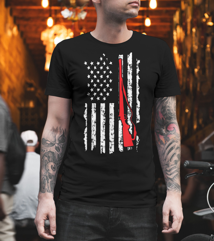 American Flag Gun Hunters Rifle in Red Silhouette T-Shirt