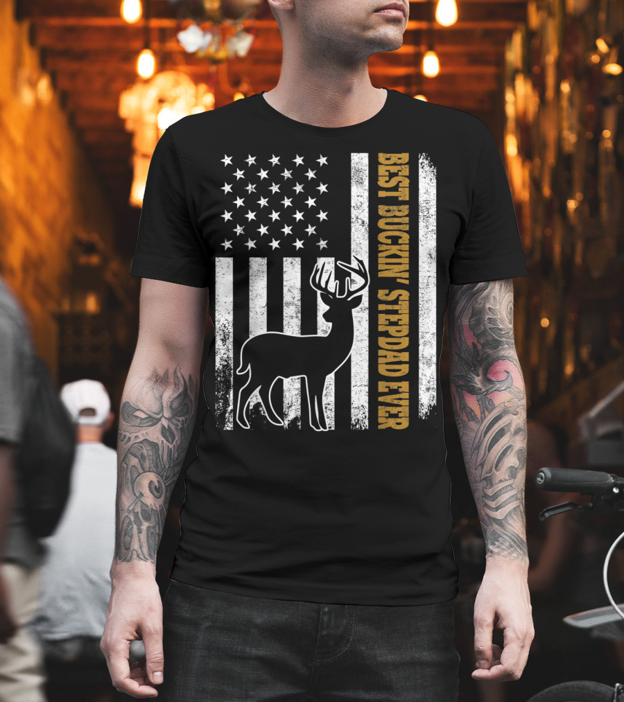 American Flag Best Buckin Stepdad Ever Deer T-Shirt