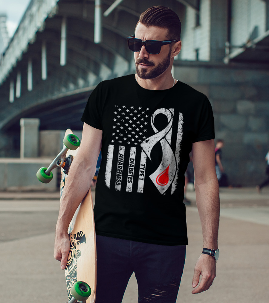 American Flag Type 1 Diabetes Awareness Ribbon With Blood Drop T-Shirt