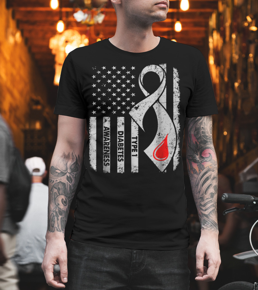 American Flag Type 1 Diabetes Awareness Ribbon With Blood Drop T-Shirt