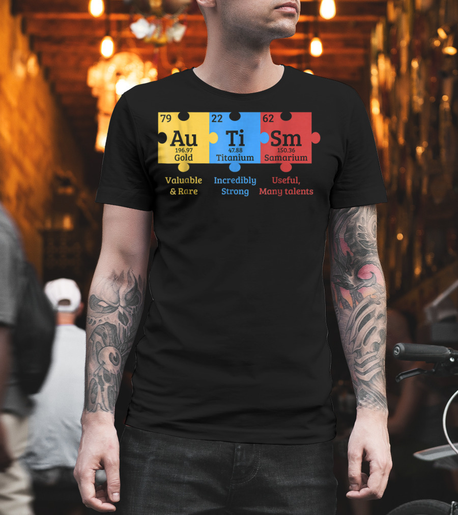 Autism Awareness Gold Titanium Samarium Elements Puzzle T-Shirt