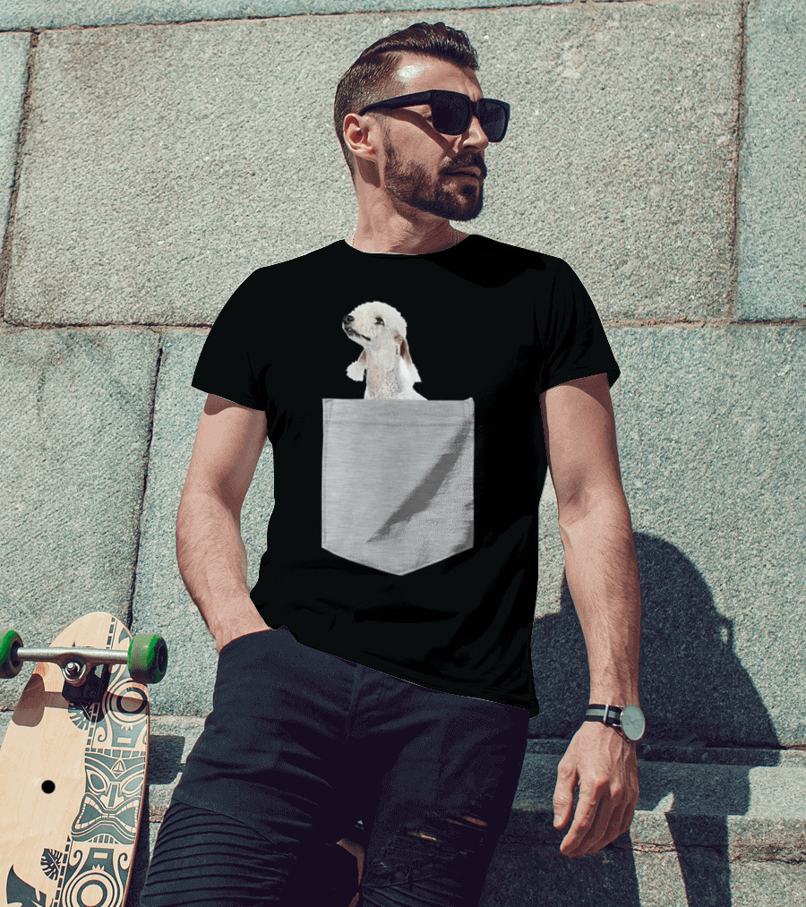 Bedlington Terrier Peeking From Gray Pocket T-Shirt
