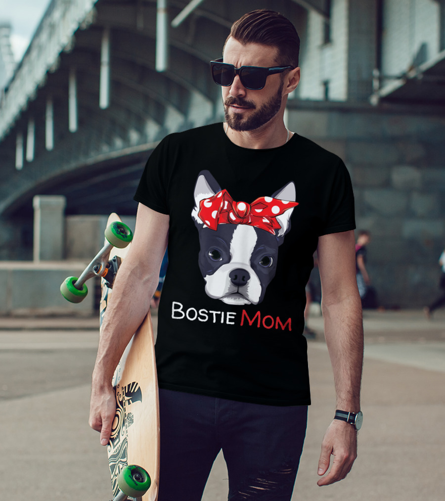 Bostie Mom Boston Terrier With Red Polka Dot Bow T-Shirt