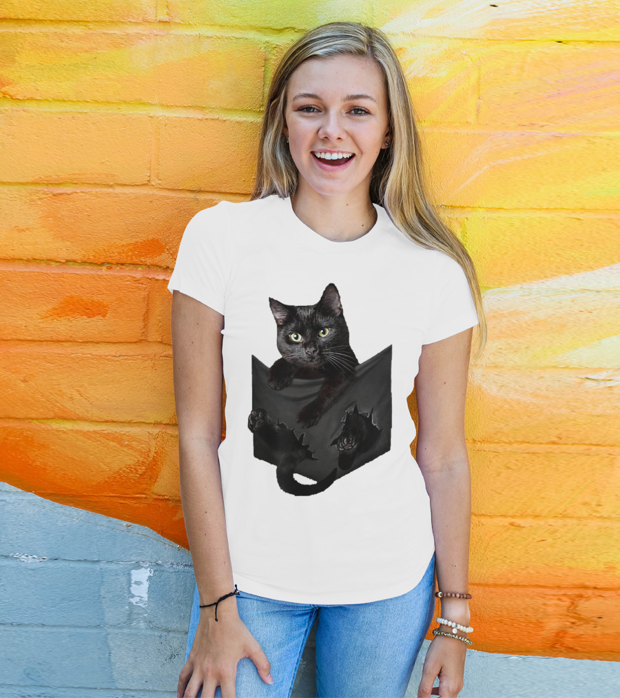 Cat In Pocket Black Cat Inside Pocket Bac Playful T-Shirt