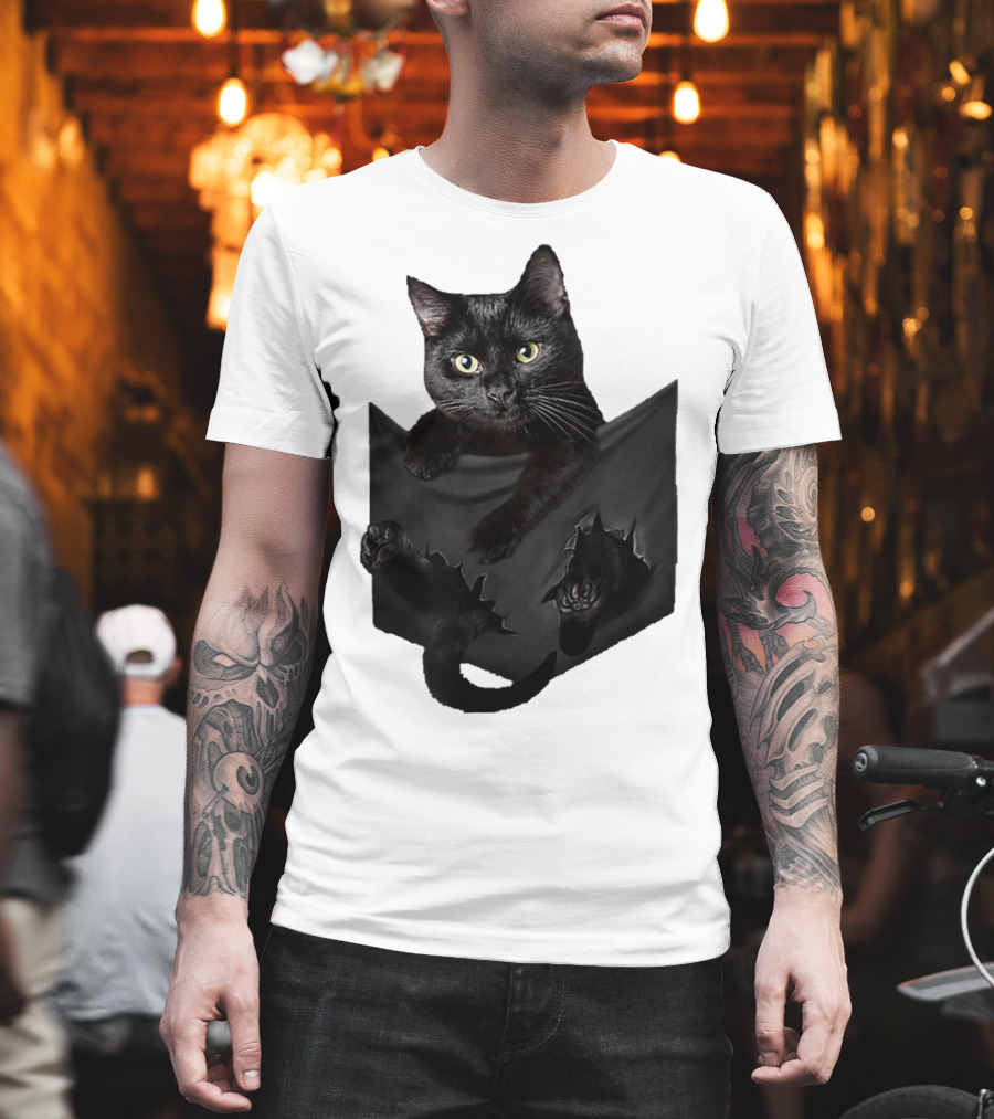 Cat in Pocket Black Cat Inside Pocket Bac Playful T-Shirt