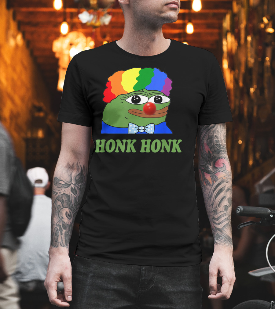 Clown Pepe Honk Honk HONKLER Meme Rainbow Wig Red Nose Bowtie T-Shirt