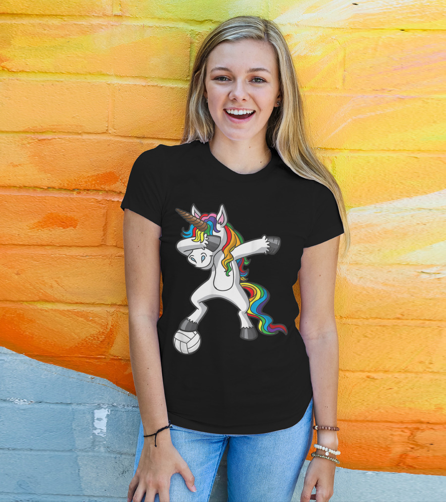Dabbing Unicorn With Volleyball And Rainbow Mane T-Shirt