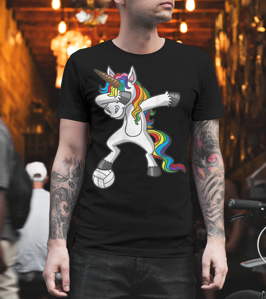 Dabbing Unicorn With Volleyball And Rainbow Mane T-Shirt