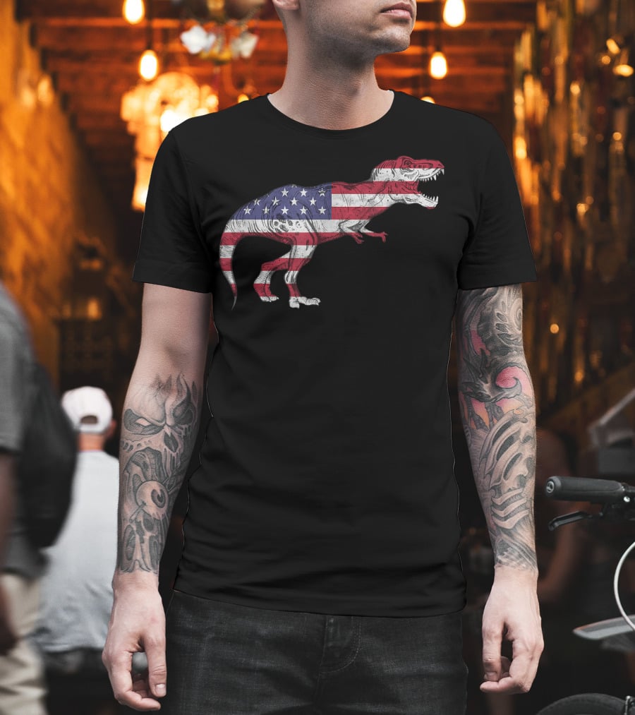 Dino USA American Flag Tyrannosaurus Patriotic Dinosaur T-Shirt