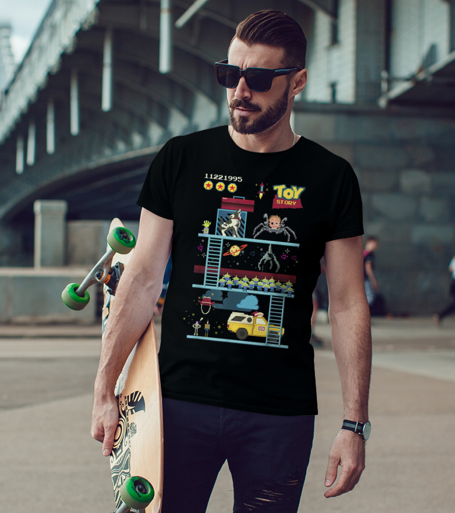 Toy Story 8 Bit Video Game Scene With Retro Pixel Art Adventure T-Shirt