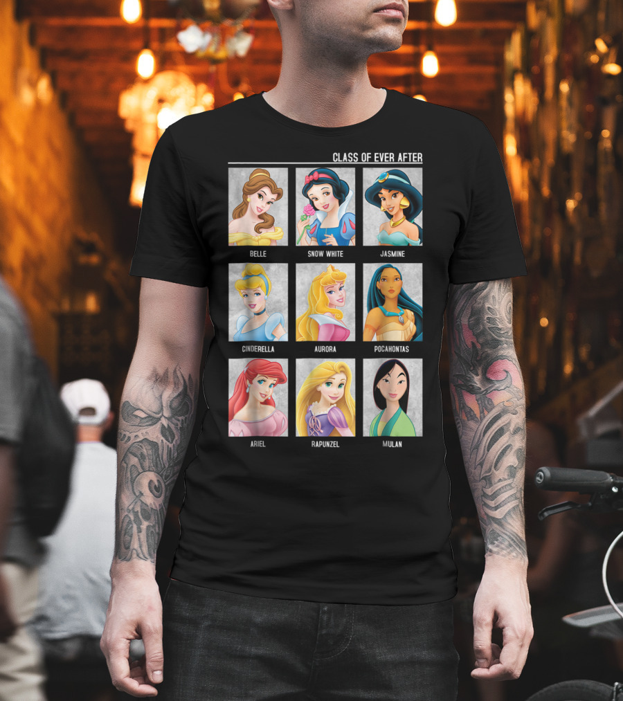 Disney Princesses Class Of Ever After Belle Snow White Jasmine Cinderella Aurora Pocahontas Ariel Rapunzel Mulan T-Shirt