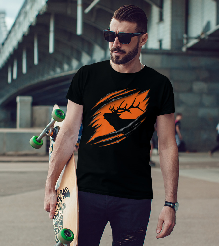Elk Hunting Silhouette With Tear Marks On Orange T-Shirt