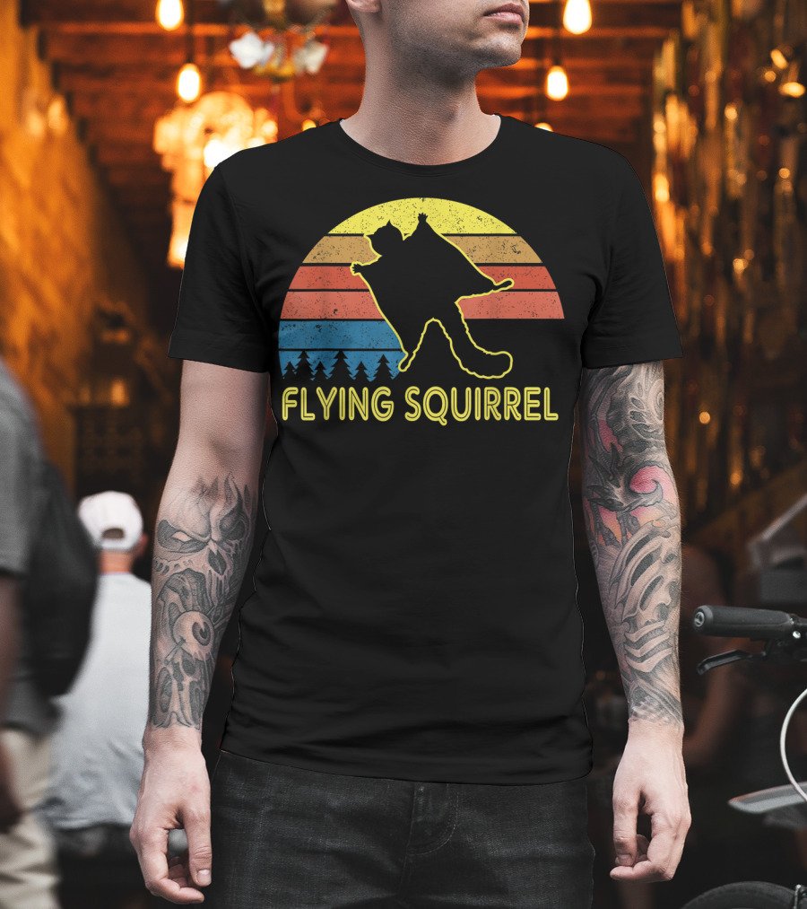 Flying Squirrel Retro Sunset With Silhouette And Forest Stripes T-Shirt