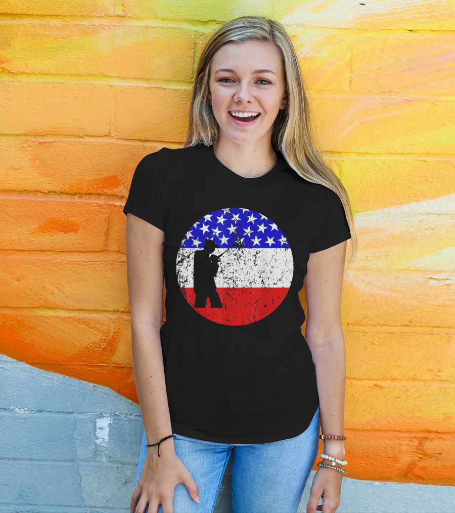 American Flag Vintage Fisherman Silhouette Rustic Retro Fishing T-Shirt