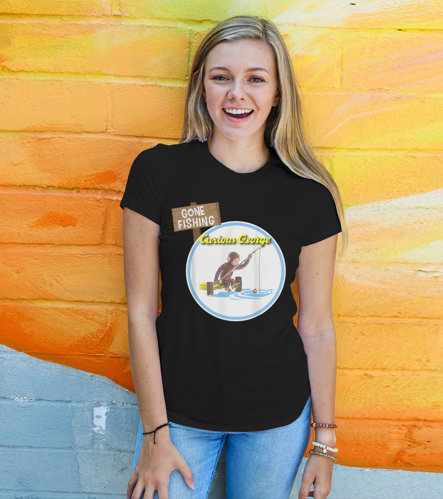 Curious George Gone Fishing Sign And Circle Scene T-Shirt