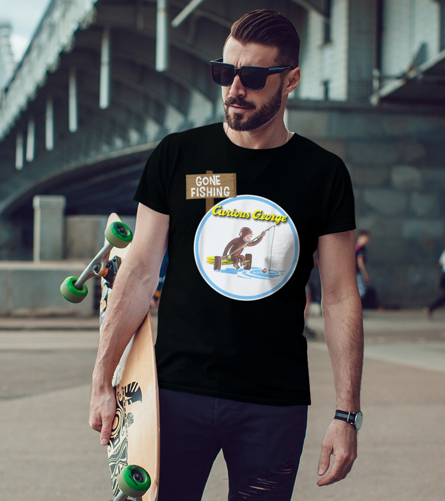 Curious George Gone Fishing Sign And Circle Scene T-Shirt