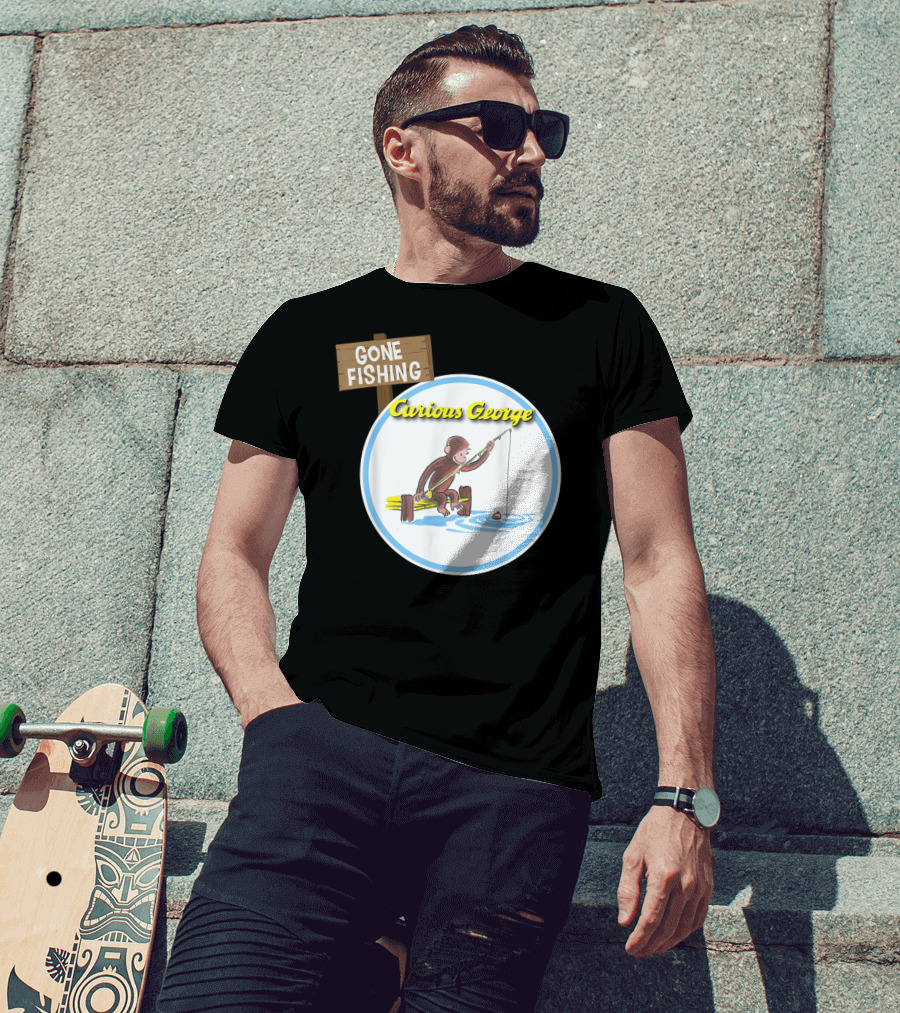 Curious George Gone Fishing Sign And Circle Scene T-Shirt