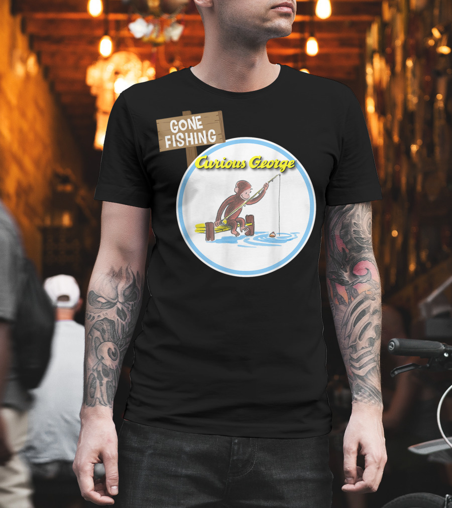 Curious George Gone Fishing Sign and Circle Scene T-Shirt