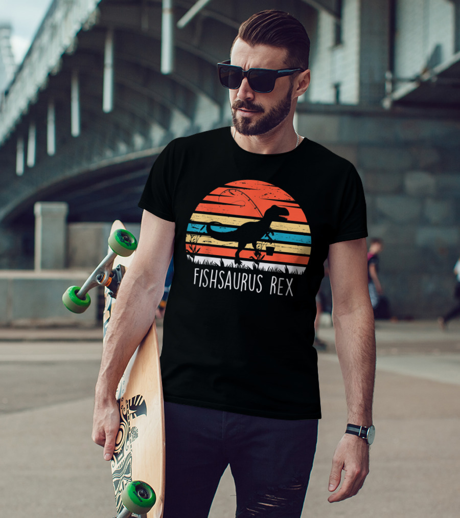 Fathers Day Fishsaurus Rex Dinosaur Fishing Vintage Sunset T-Shirt