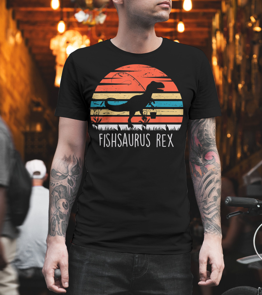 Fathers Day Fishsaurus Rex Dinosaur Fishing Vintage Sunset T-Shirt