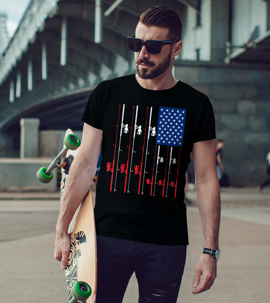 Fishing Rod US Flag Cute Fish Hunting American Patriotic Iconic T-Shirt