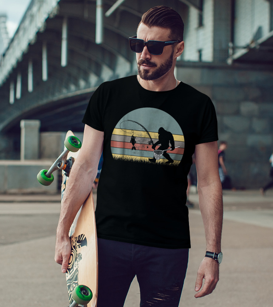 Bigfoot Fishing Retro Stripes T-Shirt