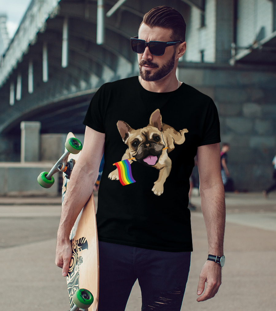Men Women Kids French Bulldog Holding Gay Pride Flag T-Shirt