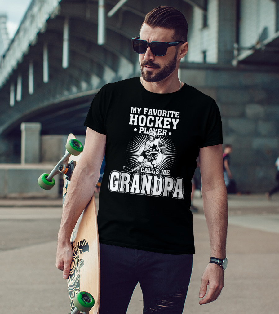 Mens My Favorite Hockey Player Calls Me Grandpa Starburst Ice Skater T-Shirt