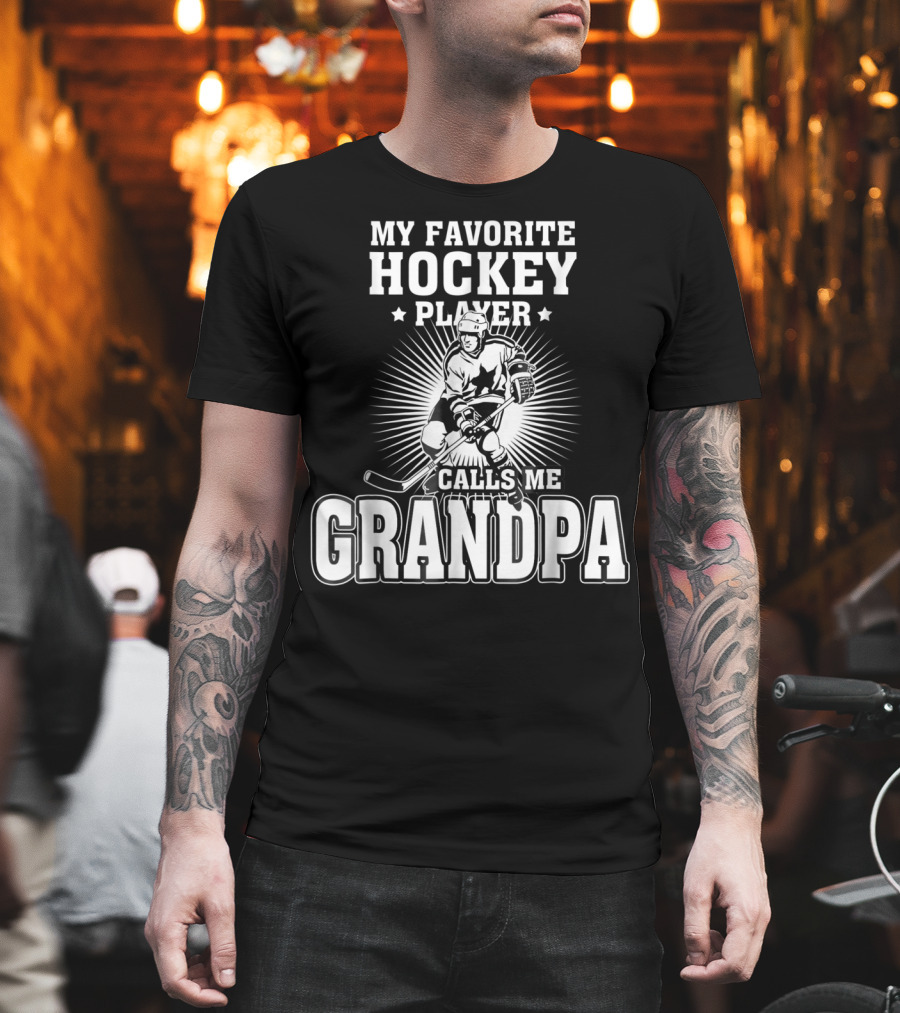 Mens My Favorite Hockey Player Calls Me Grandpa Starburst Ice Skater T-Shirt