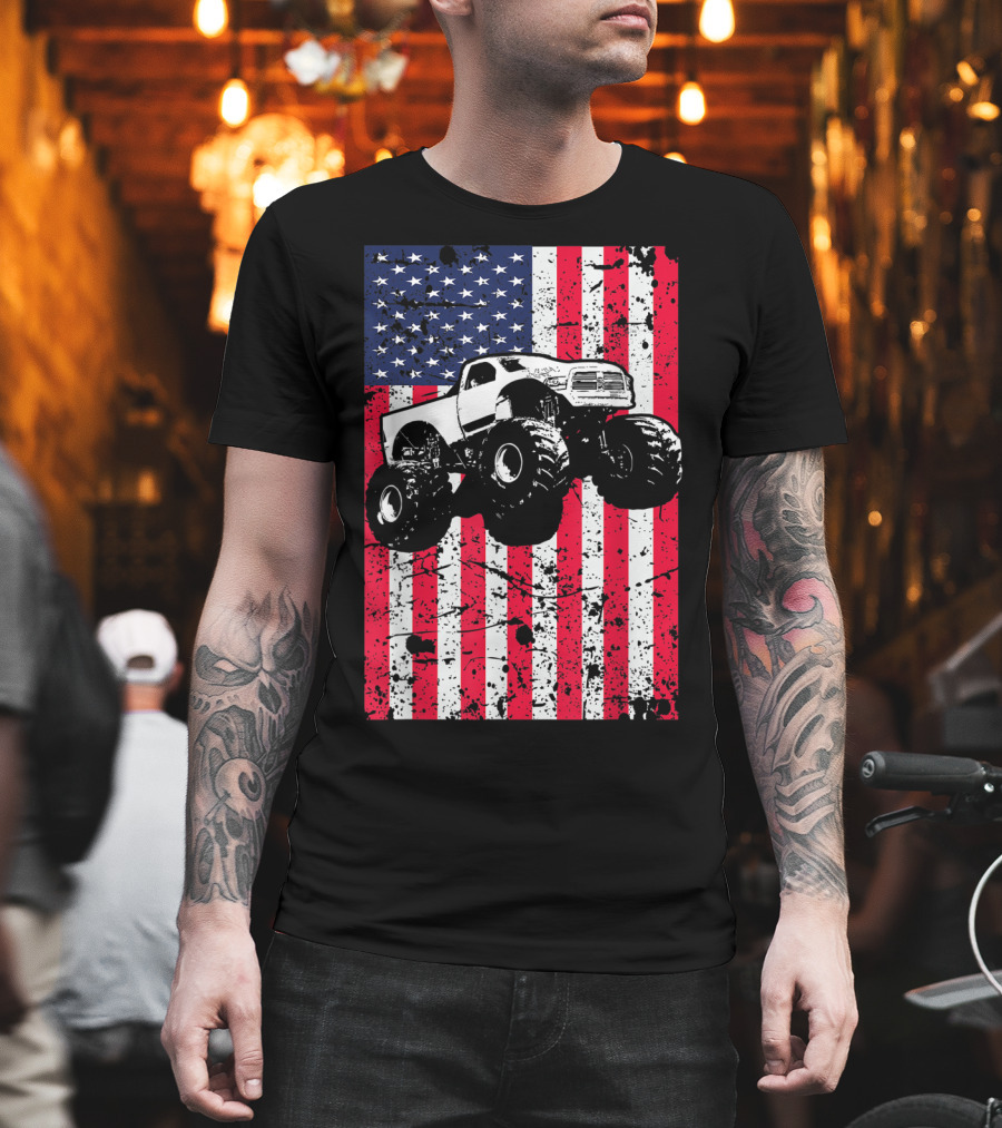 Monster Truck American Flag USA Patriotic Racing T-Shirt