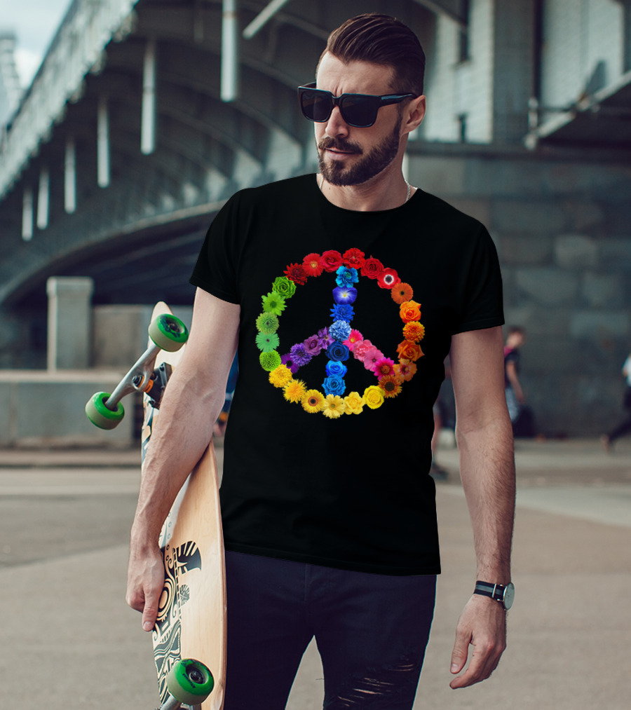 Rainbow Peace Sign Floral Love 70s 60s Retro Vibe T-Shirt