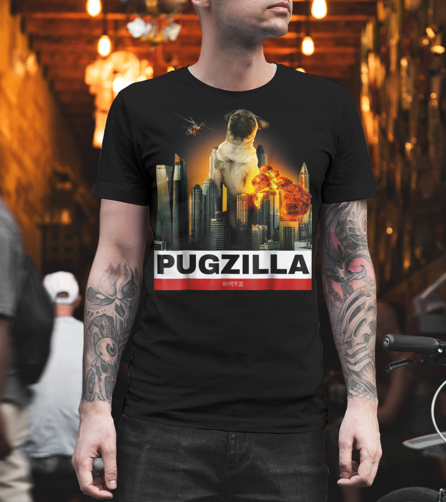 Pugzilla Helicopter Explosion City Skyline Cute Pug T-Shirt
